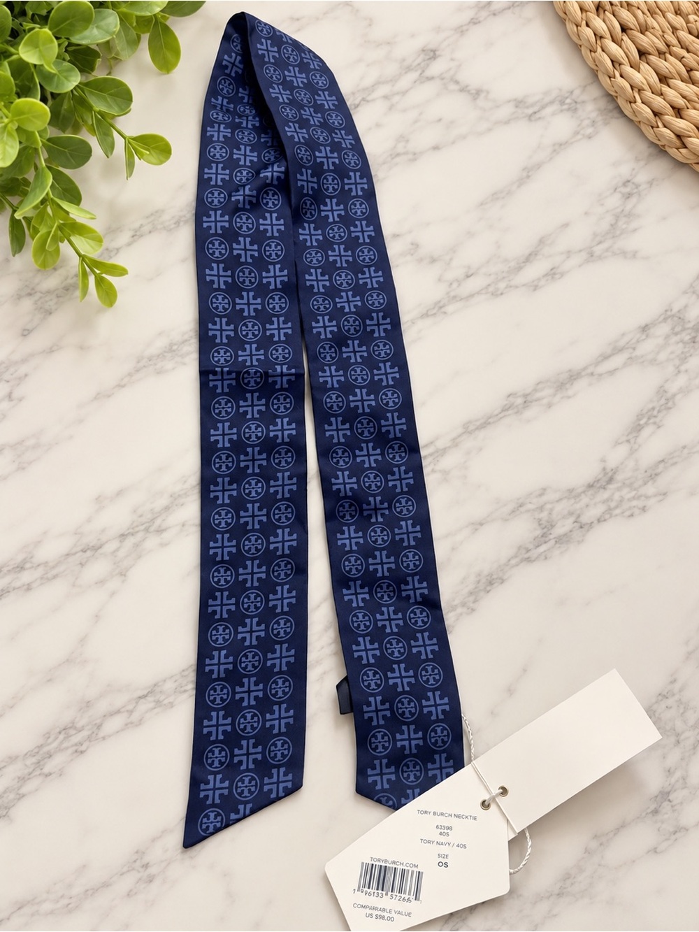 NWT Tory Burch Tory Silk Necktie Twilly Scarf True Navy Blue Logo